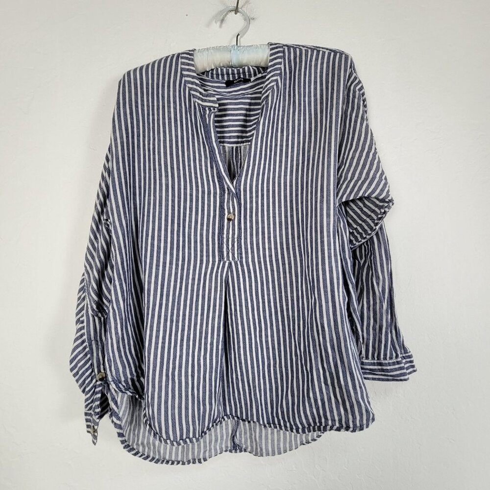 BDG Womens Striped Long Sleeve Popover Shirt Blouse Top Small Blue White Casual